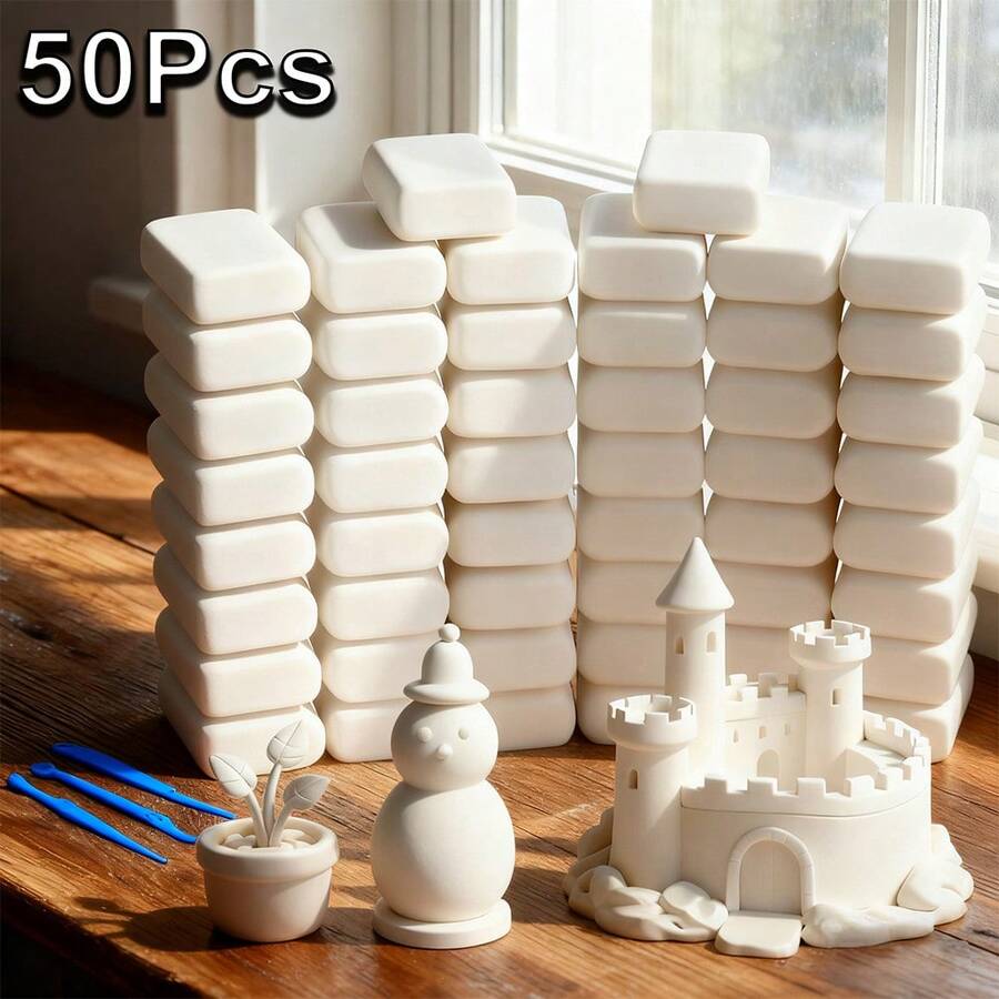 50块白色风干泡沫黏土套装,含3个雕塑工具,总重18盎司(约510克)——超柔软造型黏土,适合3-12岁儿童,超轻盈,是手工制作的理想之选,也是送给男孩女孩的礼物,每块0.36盎司(约10克)。 - 彩色 - 查看 1