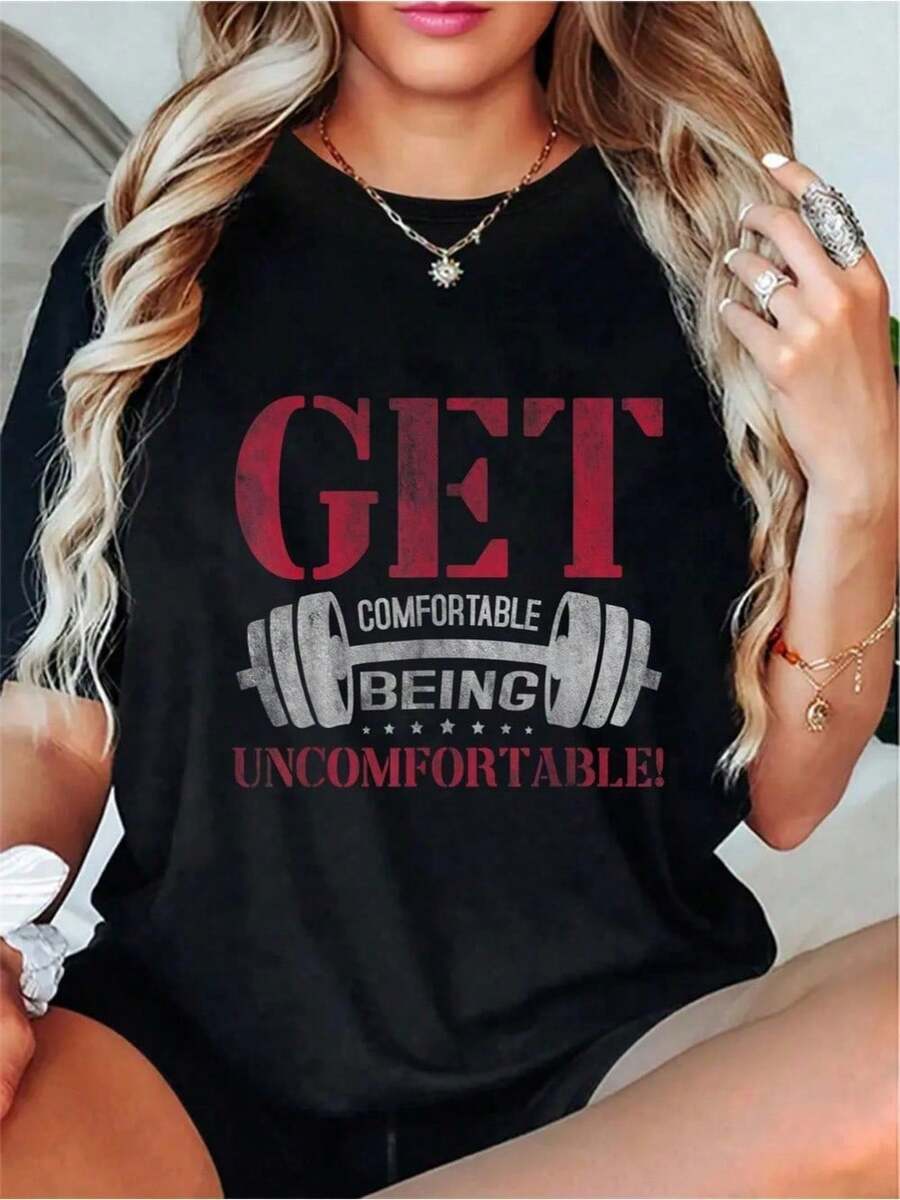 Feel Comfortable Being Uncomfortable, Gym T-Shirt, Fitness, Bodybuilding, Round Neck, Short Sleeve, Graphic T-Shirt For Women And Men. - 黑色 - 查看 1