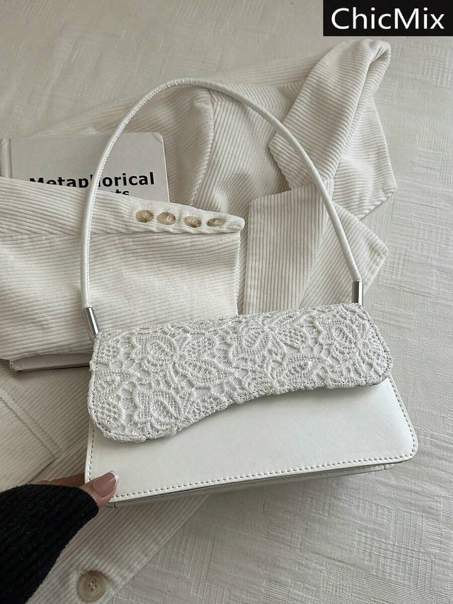 White Baguette Shoulder Bag With Wavy Flap, Women's Faux Leather Casual Handbag, Elegant Bag For Everyday Outings And Special Occasions, Summer Fashion - 香檳色 - 查看 1