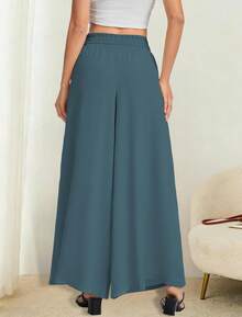 Women's Wide Leg Pants, Elastic Waist With Drawstring, Lightweight Loose Casual Trousers With Pockets - 咖啡 - 查看 11
