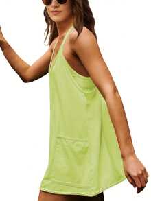 Women's Sleeveless Summer Mini Dress, Spaghetti Strap Style, Short Dress With Pockets - Green - View 3