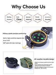Brújula de supervivencia para exteriores con tapa abatible impermeable, estilo americano, multifuncional, equipo de camping y viaje para la naturaleza - Verde militar - Ver 2