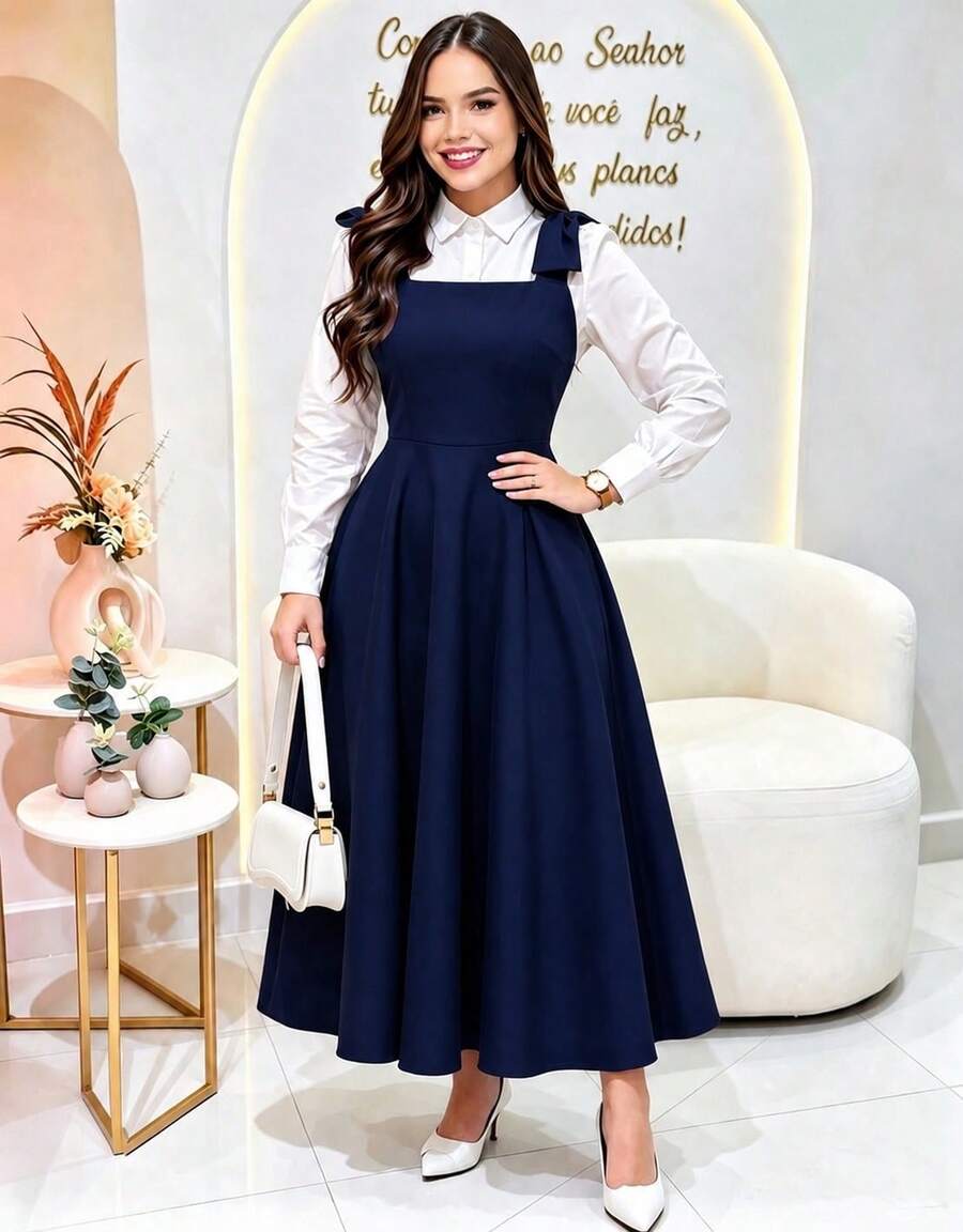 Tailored Dress With Wide Straps And Bow, Code 02, Evangelical Fashion (Shirt Not Included) - Navy Blue - View 1