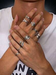 9pcs American Vintage Distressed Silver-Tone Stainless Steel Rings, Embossed Leaf, Twisted Rope Chain, Cross Hollow Design, Unisex Street Party Accessories - Silver - View 6