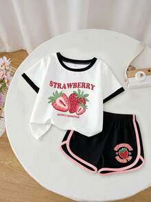 2pcs/Set Big Girls Outfit, Strawberry Print T-Shirt And Shorts, Cute Soft Summer Comfortable Casual - Black - View 1