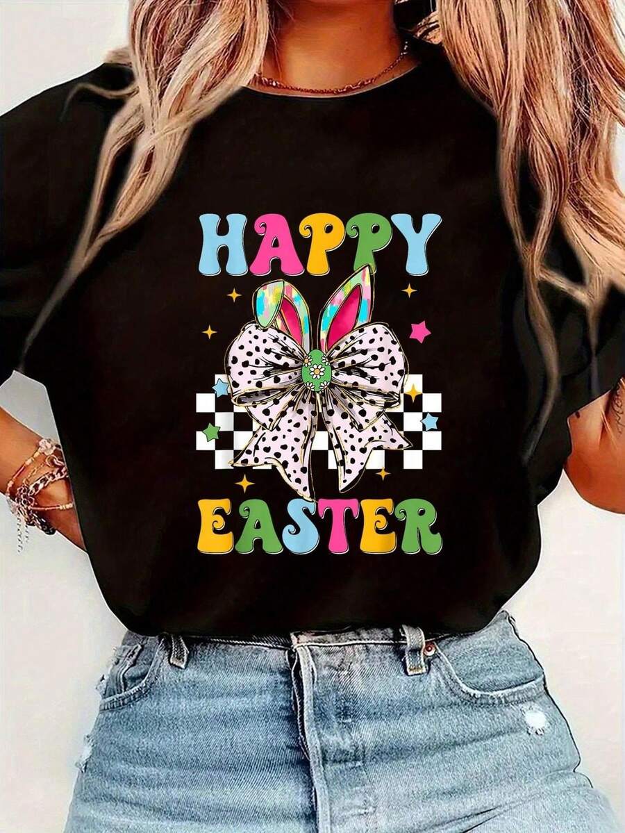 Camiseta gráfica con estampado de conejo de Pascua, lazo coqueto para mujeres y niñas, camiseta básica de manga corta casual parrimavera y verano