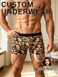 Men's Customized Boxer Briefs, Brown Leopard Print Base With Personalized Female Face Print, Paired With Solid Black Waistband - Multicolor - View 2