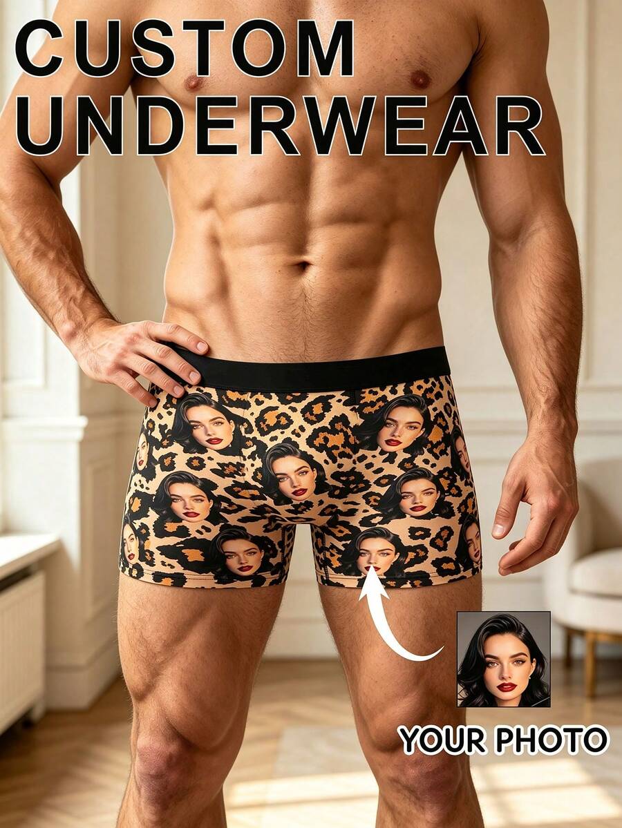 Men's Customized Boxer Briefs, Brown Leopard Print Base With Personalized Female Face Print, Paired With Solid Black Waistband - Multicolor - View 1