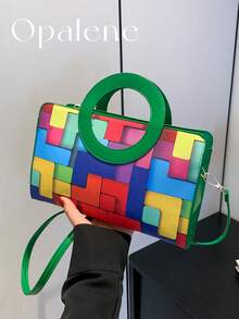 Casual Color Block Ring Handle Mini Handbag For Women Retro Geometric Print Top Purse Classic Square Shoulder Crossbody Bag Black/Green Travel Offices - 綠色 - 查看 13