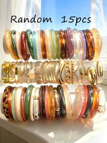 15/10/8/5/3pcs Bohemian Style Fashion Minimalist Elegant Exquisite Vintage Design Colorful Resin Gradient Geometric Ribbon Flower Water Drop Round Bead Heart Starburst Round Bead Embossed Texture Twisted Cuban Chain Multi- Patchwork Design Minimalist Plain Band Exaggerated Wide Chunky Bangle Set For Holiday Vacation Party Date Gift Daily Commute Wear - Multicolor - View 7