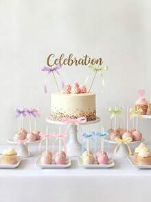 20/10/5pcs Macaron Candy Color Satin Bow Cake Toppers, Rainbow Satin Ribbon Bow Cupcake Decorations, Sweet Style Wedding Bridal Gender Reveal Baby Shower Bachelorette Party Decor - View 8