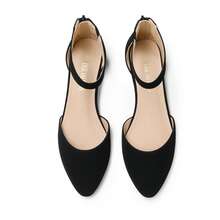 Women Low Wedge Flats Closed Pointed Toe Ankle Strap Comfortable Commute Party Wedding Flats With Back Zipper Design Elegant Shoes Black Nubuck - Black - View 7