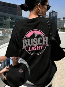 Retro Style Busch Light Beer-Shirt With Mountain And Sunset Design% Cotton 220g Double Side Print Tee-Suitable Daily Wear, Vacation, Party - Black - View 1