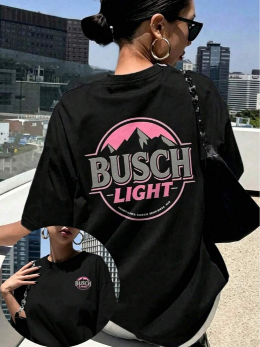 Retro Style Busch Light Beer-Shirt With Mountain And Sunset Design% Cotton 220g Double Side Print Tee-Suitable Daily Wear, Vacation, Party - Black - View 1