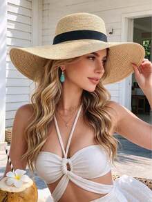 1 pieza Sombrero de paja de ala ancha para mujer con cinta negra, sombrero de playa para protección solar - Multicolor - Ver 1