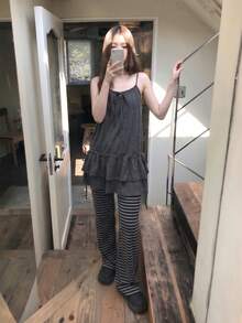 Stylish Solid Color Front Tie Ruffle Trim Camisole Casual Summer - Grey - View 6