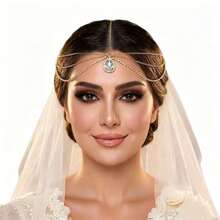 1pc Elegant Fashion Crystal Water Drop Pendant Forehead Chain - Gold - View 1
