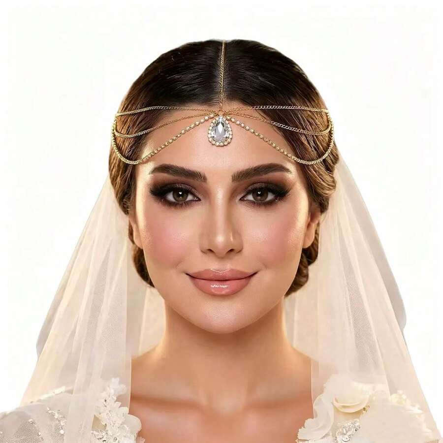 1pc Elegant Fashion Crystal Water Drop Pendant Forehead Chain - Gold - View 1