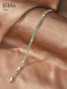 Hihho 1pc Copper Zirconia Stone Decorated Classic Tennis Chain Bracelet, Multiple Sizes Lake Blue Zirconia Inlaid Design Bracelet Available, Simple Versatile Design, Suitable For Women, Suitable For Daily, Bar, Travel Accessories - Lake Blue - View 13