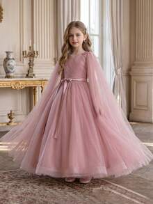 Tween Girl Pink Long Gown Dress With Sheer Cape, Flower Girl Dress For Wedding, Birthday Party - Pink - View 9