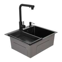 GDAE10 Spülbecken Schwarz 50x45 cm, Spülbecken 1 Becken, Küchenspüle Edelstahl Eckig, Waschbecken Küche Klein Einbauspüle, Edelstahlspüle mit herausziehbarem Wasserhahn, Abtropfkorb, Seifenspender a nice gift for friend - default@JZSKFJ-010700*1 - Übersicht 3