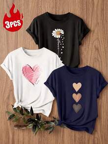 3pcs/Set Kaos Wanita Lengan Pendek Kasual Kerah Bulat - Motif Cetak, Kain Lembut & Nyaman, Dapat Dicuci dengan Mesin, Atasan Musim Panas untuk Wanita - MultiWarna - View 2