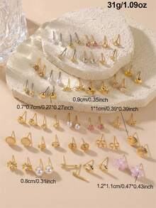 30 Pairs/Set Fashion Sweet Metal Heart Bow Flower Multi- Earrings Set For Women Daily Date Accessories - Multicolor - View 5