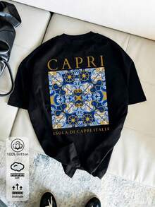 100% Cotton Men's T-Shirt, Capri Island Vacation Style Pattern , Summer Sports Top, Casual And Fashionable Soft Breathable Men's Short Sleeved Top - Black - View 1