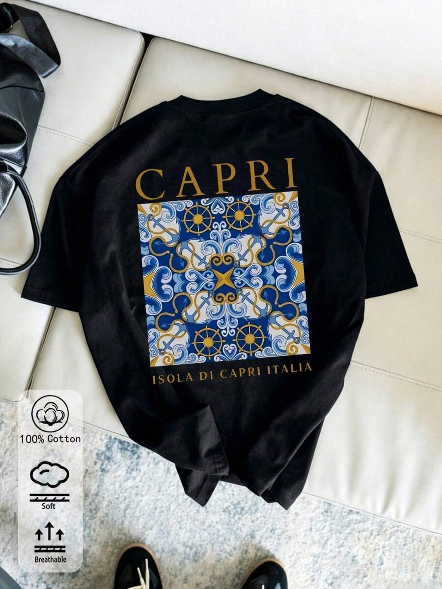 100% Cotton Men's T-Shirt, Capri Island Vacation Style Pattern , Summer Sports Top, Casual And Fashionable Soft Breathable Men's Short Sleeved Top - Black - View 1