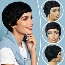 Faux cils courts style pixie pour femmes avec frange, confectionnés en cheveux brésiliens à densité 150 %. Ces cheveux noirs sont parfaits pour un look décontracté ou sportif et offrent une texture naturelle. - Natural Black - Voir 2
