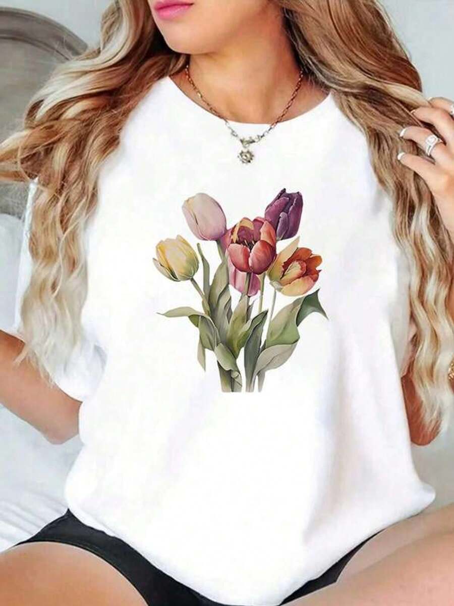 Camiseta de modara mujer con diseño impreso de ramo de tulipanes, cuello redondo