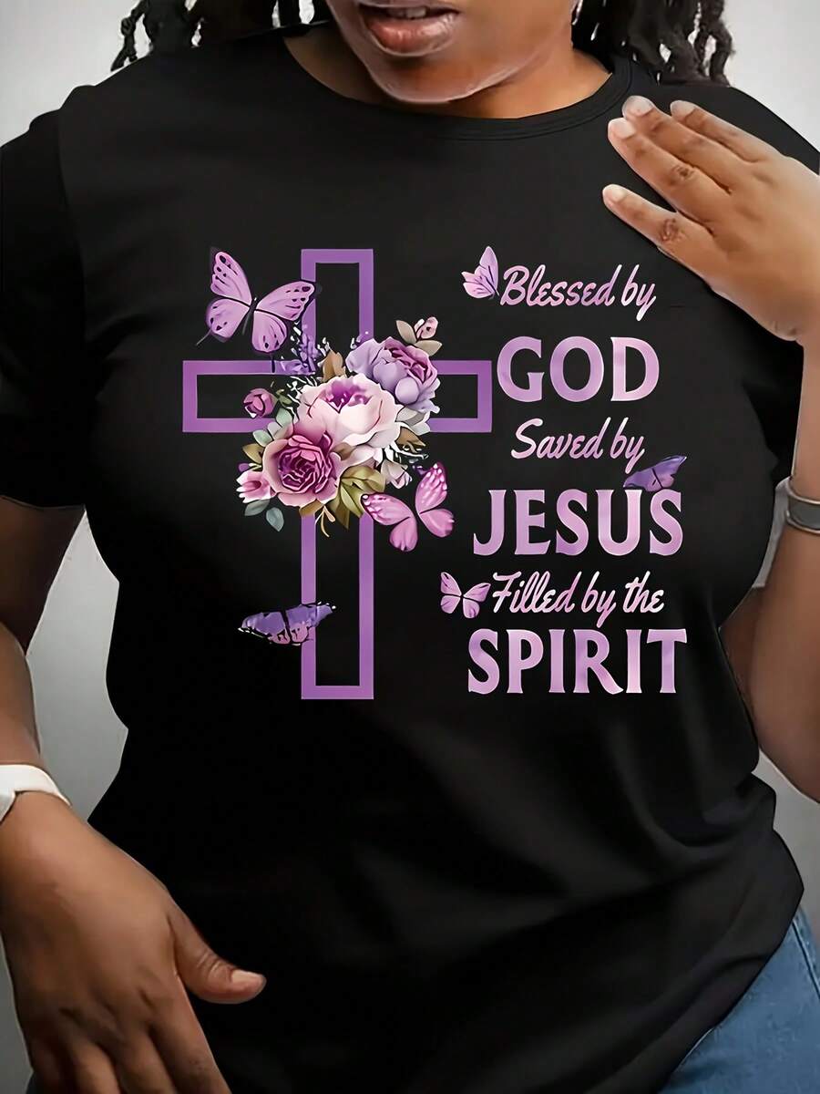 Playera casual de cuello redondo con estampado de letras 'God Bless' y otros diseños, talla plus-size - Negro - Ver 1