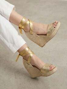 Women's Platform Sandals, Jute Wedge, Espadrille Wedge, High Espadrilles, Tie Straps, Wedge Heel, Comfortable, Casual, Boho, Summer, Women's Fashion - 駝色 - 查看 1