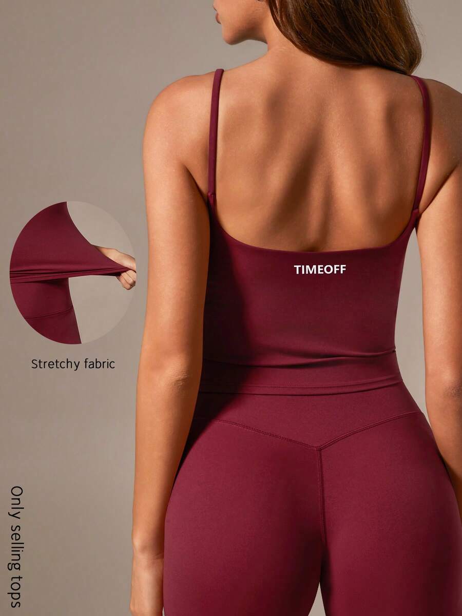 TimeOff 1件女款素色細肩帶露背胸墊運動背心 - 紅色 - 查看 1