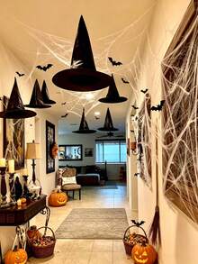 6/12pcs Halloween Floating Witch Hat, Suitable For Devil's Night Party, Dinner Party, Ball, Bar, Living Room, Bedroom, Restaurant Ceiling Background Wall, Halloween Day Of The Dead Horror Scene DIY Activity Decoration, Simple Home Creative Atmosphere Arrangement, - Black - View 7