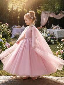 Tween Girl Pink Long Gown Dress With Sheer Cape, Flower Girl Dress For Wedding, Birthday Party - Pink - View 5