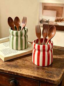 1pc Vintage Striped Ceramic Utensil Holder, Nordic Style Kitchen Storage Canister, Multifunctional Pen Holder & Utensil Organizer, Home Decor - Multicolor - View 5