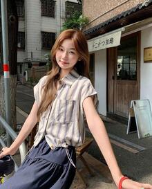 New For 2026: Chic Twisted Casual Color Block Top, Fashionable And Unique Striped Off-Shoulder Short-Sleeved T-Shirt (Women's) - Deep Blue - View 2