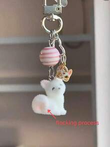 1pc Unisex Cartoon Flocked Small Keychain, Cute Fox Mask & Flower Pendant Accessory, Bag Charm - White - View 5