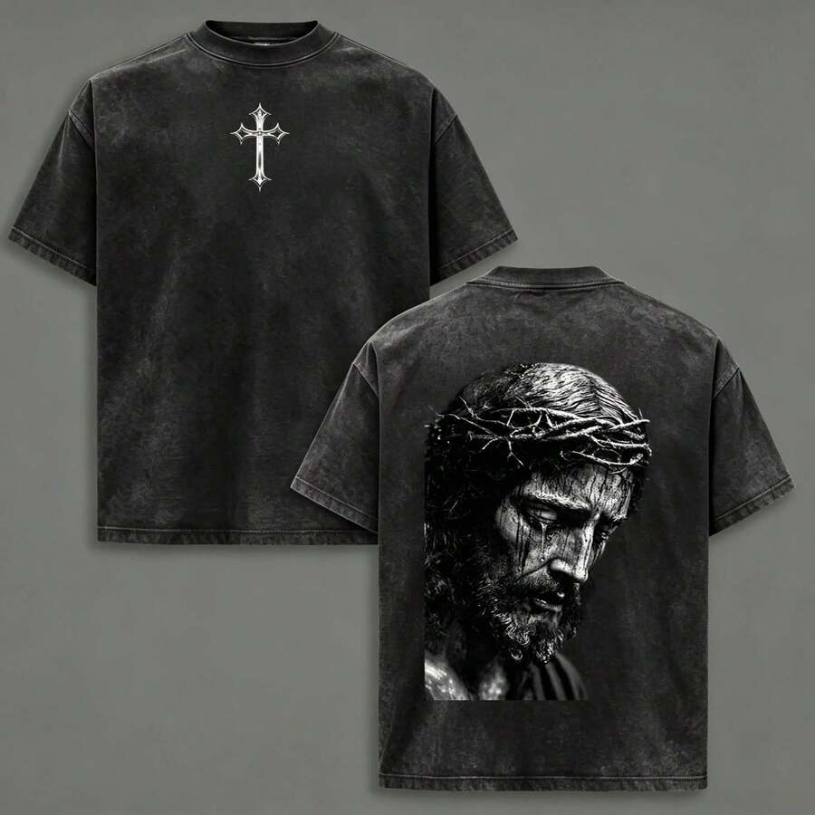 Washed T-Shirt With Crying Jesus Print, Crying Jesus T-Shirt, Jesus T-Shirt, T-Shirt With Cross, Christian Clothing, Urban Clothing, Men's Clothing, Oversized T-Shirt For Men - 黑色 - 查看 1