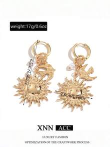 1 par de pendientes con colgante de sol, diseño de nicho retro de moda con estrella & pájaro en capas, joyería de oreja exagerada, adecuado para el uso diario de las mujeres - Dorado - Ver 3