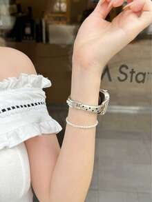 1件女款韓式波點彎曲金屬手錶錶帶，兼容所有型號 38mm/40mm/41mm/42mm/44mm/45mm/46mm/49mm Ultra/SE/S11/S10/S9/8/7/6/5/4/3，春夏秋冬四季通用，適合工作、運動、派對、約會配飾，送給妻子、媽媽的生日禮物，易佩戴，高端時尚優雅個性化平價錶帶 - 星光色 - 查看 7