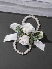 1pc/2Pcs White Frosted Greenery Rose Boutonniere & Pearl Beaded Wrist Corsage Set, Wedding Groomsman Bridesmaid Formal Prom Suit Accessories - Multicolor - View 4