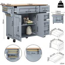 Kitchen Island (110 * 45-75 * 92 Cm), Modern Kitchen Island, Kitchen Cabinet, Removable Serving Cart, Sideboard, Vintage Pattern Dining Room Serving Cart, Buffet, Multifunctional Dining Table With Storage, Blue - Baby Blue - View 5