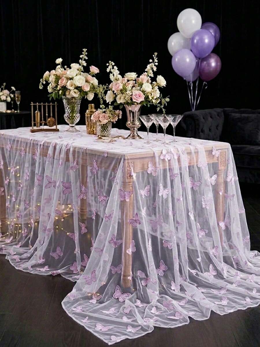 1件紫色蝴蝶薄紗桌巾，雙面薄紗聚酯纖維桌巾，220*130cm，婚禮裝飾，新娘派對裝飾，生日派對裝飾，宴會桌裝飾，週年紀念裝飾，桌面裝飾