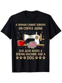 Camiseta de aodón 100% con diseño drtido de máquina de coser, perro y amante del café - Negro - Ver 2