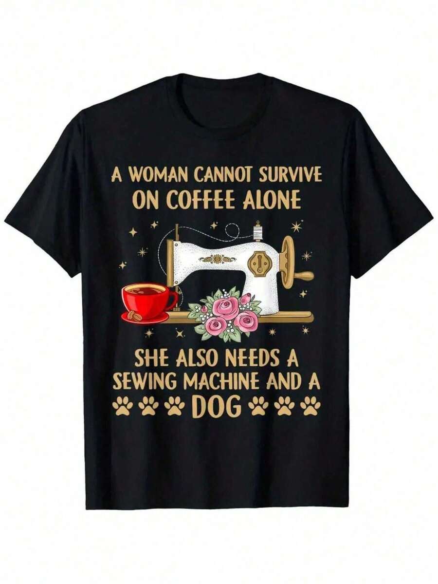 Camiseta de aodón 100% con diseño drtido de máquina de coser, perro y amante del café