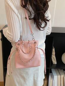 Women's Vintage Autumn PU Chain Drawstring Magnetic Buckle Bucket Bag 2026 New Niche Design Shoulder Crossbody Bag - Pink - View 2