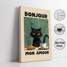 1pc Black Cat Poster, "Bonjour Mon Amour" Green Text Black Cat Breakfast Art Painting, Modern Canvas Art, Suitable For Kitchen, Living Room Or Home Office Decor, Frameless, Indoor Decoration | Art Wall Sticker | Fashionable Home Decor, Cat Decor - Multicolor - View 20