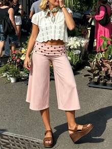 Fold Over Wide Leg Capri Pants For Women Low Rise Lounge Yoga Flare Culottes Y2k Flowy Crop Palazzo Pants - 淺粉色 - 查看 4